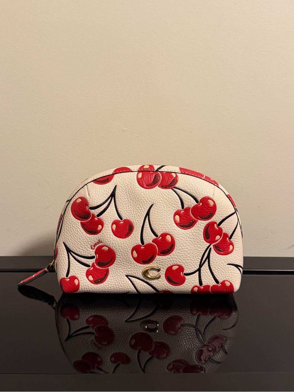 Coach Cherry Print Leather Pouch - White/Red authentic
